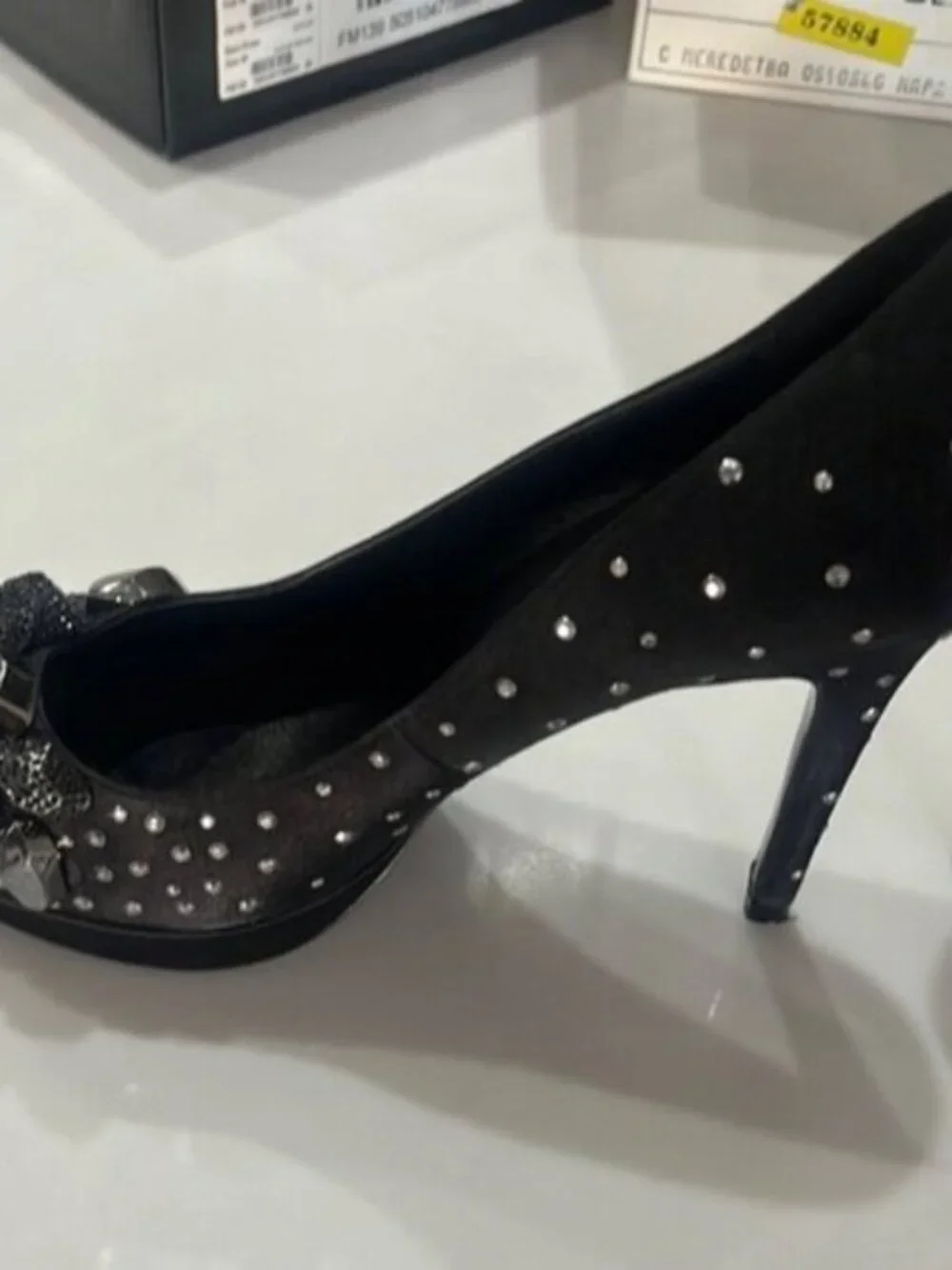 Karen Millen Black Crystal Embellished Peep Toe Heels EU 39 US 8.5
